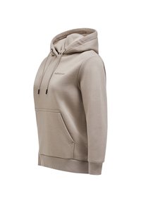 Beige hoodie med en frontkangaroo lomme, justerbar snoretræk hætte, ribbet kant og broderet logo på brystet. Glat stoftekstur.
