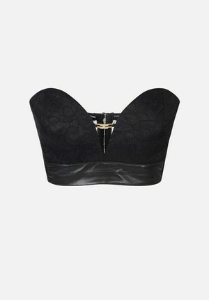 Bustier nero senza spalline con motivo in pizzo floreale, scollatura a V profonda e fascia liscia nella parte inferiore con chiusura centrale in metallo dorato.