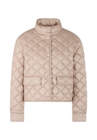 Beige gesteppte Jacke mit hohem Kragen, mit Druckknöpfen, zwei Fronttaschen und einem cropped Design. Glatte, glänzende Stofftextur.