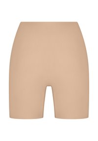 Beige shorts met een gladde, rekbare textuur, van middelhoge dijlengte, en een eenvoudig, naadloos ontwerp. Geschikt om onder kleding te dragen.