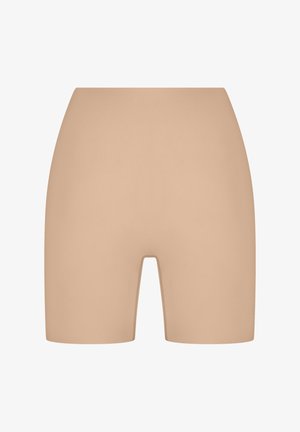 Shorts beiges avec une texture lisse et extensible, de longueur mi-cuisse, et un design simple et sans couture. Convient pour porter sous d'autres vêtements.