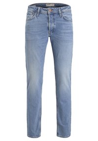 Light blue denim jeans with a straight fit, featuring five pockets, a zip fly, and subtle fading for a worn texture.