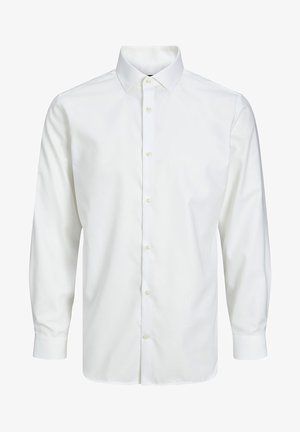 Camicia bianca a maniche lunghe con bottoni, realizzata in tessuto morbido, caratterizzata da un colletto classico, pattina frontale con bottoni e polsini con bottoni.