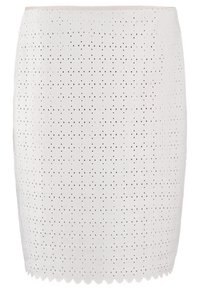 Jupe crayon blanche avec motif découpé au laser en triangles et losanges, et ourlet festonné.
