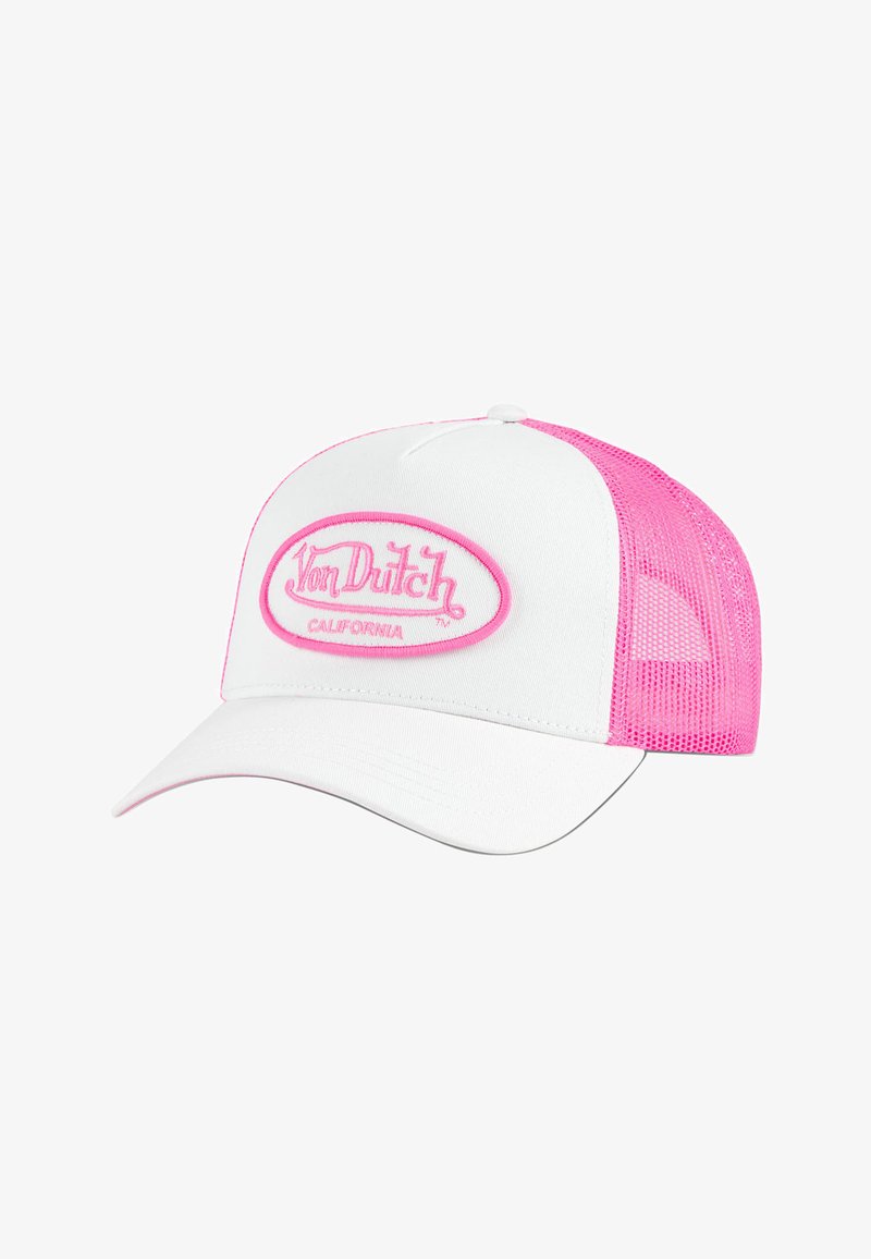 Gorra de camionero blanca con laterales de malla rosa, visera curva y un logotipo rosa bordado en relieve en la parte frontal. Diseño simple y moderno.
