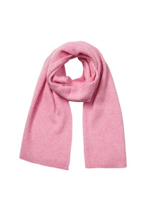 Pink ribbed scarf made of soft fabric, featuring a simple design and elongated shape, looped for display.