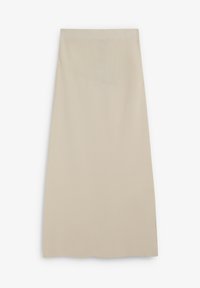 Falda beige hasta la rodilla con cintura acanalada, textura lisa y silueta recta, con detalles de diseño sutiles en la parte superior.