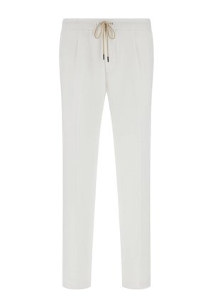 White trousers with an elastic waistband and drawstring. Features tapered legs and pleats, made from a smooth fabric, offering a casual look.