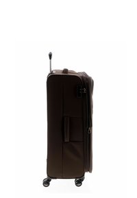 Brauner aufrechter Koffer mit ausziehbarem Griff, vier Rädern und Reißverschluss. Verfügt über eine Seitentasche und eine strukturierte Stoffoberfläche.