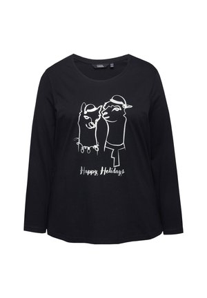 Černé tričko s dlouhým rukávem obsahující bílou grafiku dvou lam s vánočními čepicemi a nápisem "Veselé svátky" v hravém písmu.