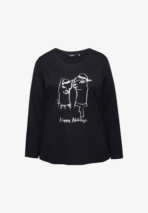 Zwarte langemouwen T-shirt met een witte graphic van twee lama's met feesthoedjes en de tekst "Fijne Feestdagen" in een speelse lettertype.