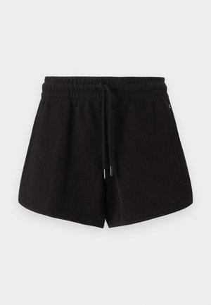 Calções atléticos pretos feitos de tecido suave. Apresentam um cós elástico com cordão, bolsos laterais e um corte descontraído.