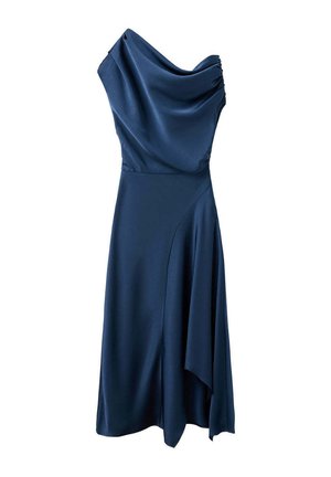 Vestido midi azul marino asimétrico con escote drapeado de un solo hombro y falda fluida con detalle de capas.