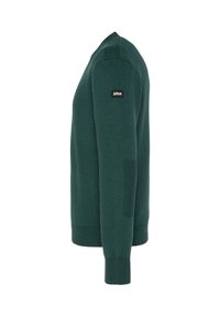 Ciemnozielony sweter dzianinowy z okrągłym dekoltem, prążkowanymi mankietami i detalami po bokach. Posiada naszywkę z logo na lewym ramieniu.