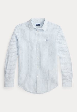 Ανοιχτό γαλάζιο ριγέ πουκάμισο με κουμπιά, κατασκευασμένο από βαμβάκι, με μυτερό γιακά, μακριά μανίκια και μικρό κεντημένο λογότυπο στο στήθος.