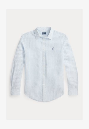 Ανοιχτό γαλάζιο ριγέ πουκάμισο με κουμπιά, κατασκευασμένο από βαμβάκι, με μυτερό γιακά, μακριά μανίκια και μικρό κεντημένο λογότυπο στο στήθος.