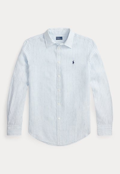 Ανοιχτό γαλάζιο ριγέ πουκάμισο με κουμπιά, κατασκευασμένο από βαμβάκι, με μυτερό γιακά, μακριά μανίκια και μικρό κεντημένο λογότυπο στο στήθος.