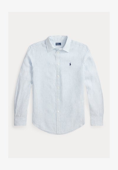Ανοιχτό γαλάζιο ριγέ πουκάμισο με κουμπιά, κατασκευασμένο από βαμβάκι, με μυτερό γιακά, μακριά μανίκια και μικρό κεντημένο λογότυπο στο στήθος.