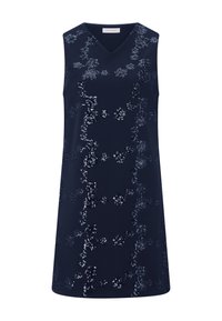 Námornícka modrá šaty bez rukávov s výstrihom do V, zdobené flitrovým kvetinovým vzorom. Hladká látka s pohodlným strihom, s dĺžkou do polovice stehien.