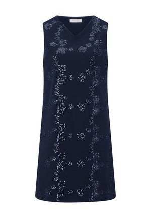 Námornícka modrá šaty bez rukávov s výstrihom do V, zdobené flitrovým kvetinovým vzorom. Hladká látka s pohodlným strihom, s dĺžkou do polovice stehien.