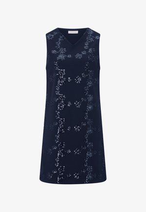 Ujjatlan tengerészkék ruha V-nyakkivágással, flitteres virágmintával díszítve. Sim a szövet, laza szabású, combközépig ér.