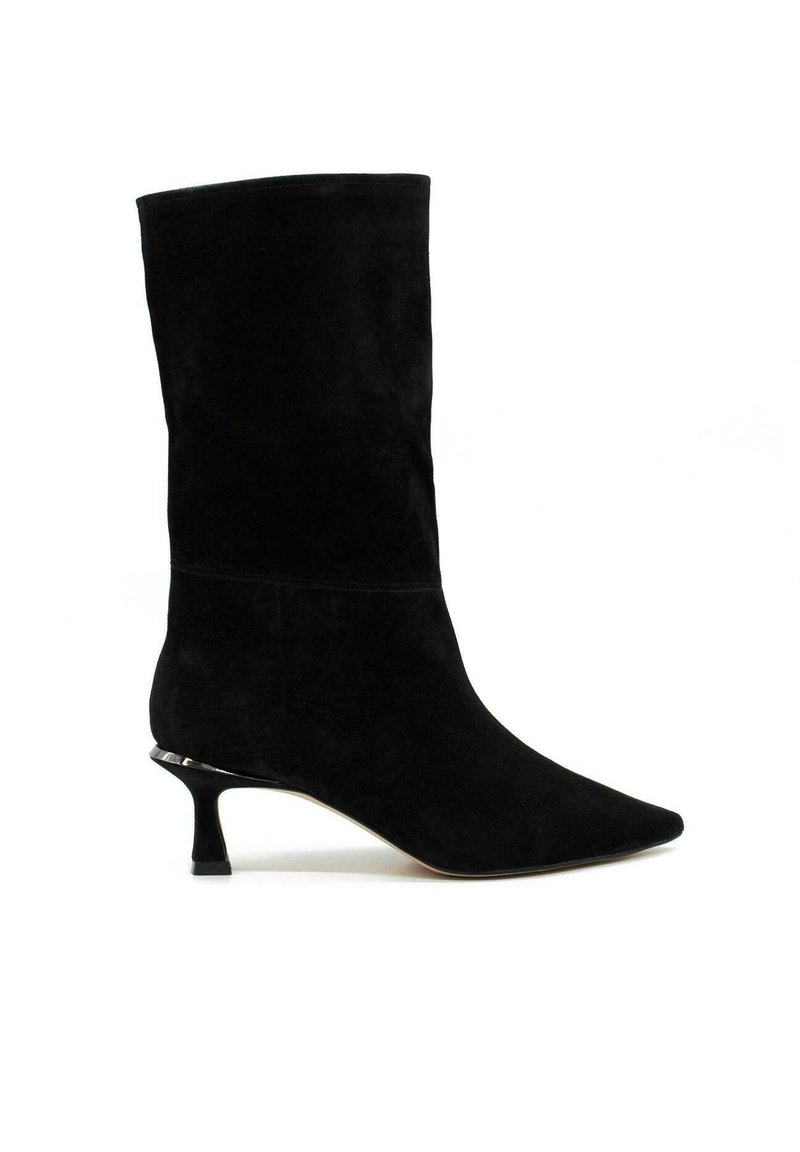Black suede ankle boot with a pointed toe, smooth texture, and a short, flared heel featuring metallic detailing at the base.