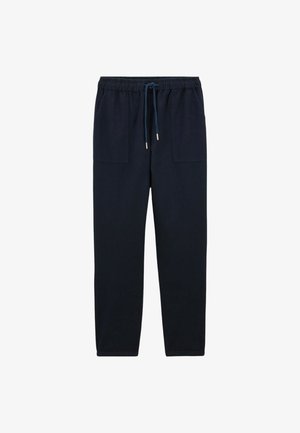 Pantalons de jogging navy en tissu doux. Présente une taille élastique avec cordon de serrage, deux poches avant et un design à jambes droites.