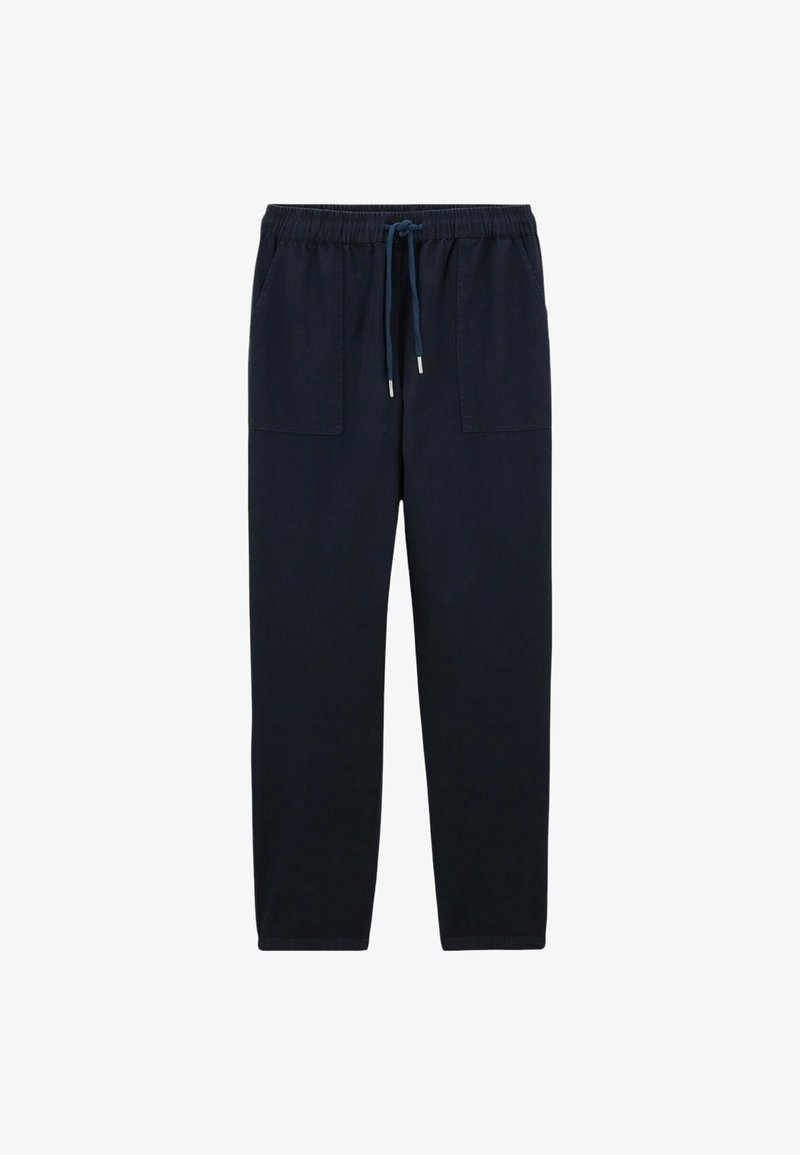 Pantalons de jogging navy en tissu doux. Présente une taille élastique avec cordon de serrage, deux poches avant et un design à jambes droites.