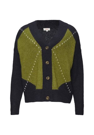 Strickjacke in Dunkelmarine mit olivgrünen gemusterten Akzenten. Verfügt über einen V-Ausschnitt, fünf Knöpfe und dekorative weiße Nähte.