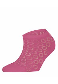 Rosa Knöchelsocke mit einem strukturierten Muster aus goldenen Kreisen. Hergestellt aus einem weichen, dehnbaren Material, das für Komfort und einen sicheren Sitz sorgt.