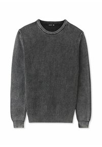 Maglione grigio a coste con scollo rotondo, maniche lunghe e tessuto testurizzato. Presenta sottili strisce tonali e una vita aderente.