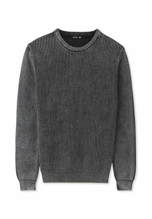 Maglione grigio a coste con scollo rotondo, maniche lunghe e tessuto testurizzato. Presenta sottili strisce tonali e una vita aderente.