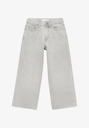 Svijetlosive široke traperice izrađene od denima, s visokim strukom, kopčanjem na gumb i dva prednja džepa s jednostavnim šavnim uzorkom.