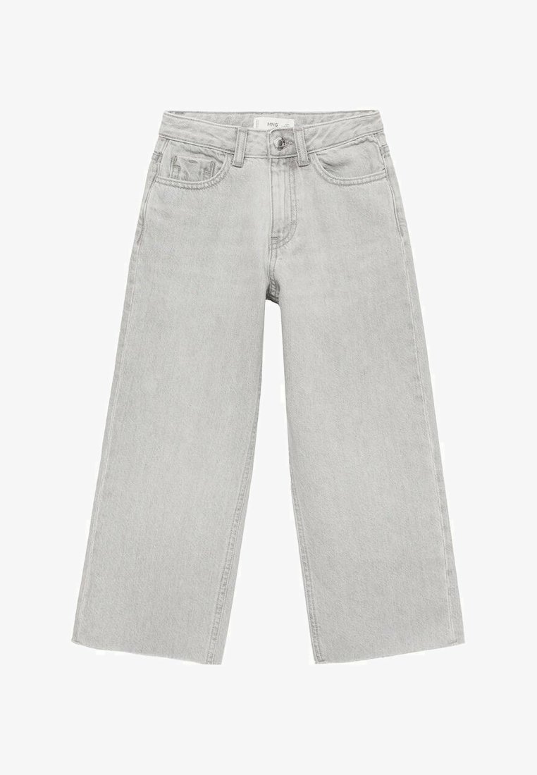 Svetlo sivi široki jeans iz denima, z visokim pasom, gumbom za zapiranje in dvema sprednjima žepoma z enostavnim šivanim vzorcem.