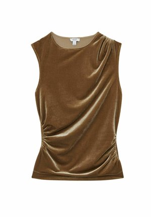Brun fløjl uden ærmer med rund halsudskæring, der har samlede detaljer på siden og en glat, blød tekstur.