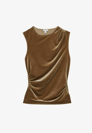 Hnědý sametový top bez rukávů s kulatým výstřihem, s nařasením na boku a hebkou, hladkou strukturou.