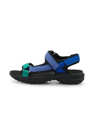 Men's sporty sandals with black soles, blue and green adjustable straps, textured footbed, and a rugged tread pattern for traction.