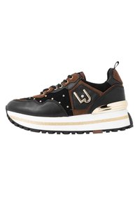 Sneaker in pelle nera e marrone con una finitura texturizzata, accenti dorati e una suola bianca chunky con una striscia di glitter e suola nera scanalata.