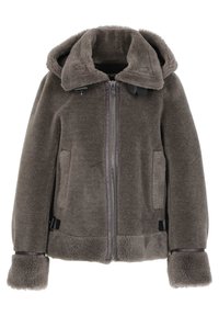 Veste en polaire gris foncé avec capuche, fermeture éclair frontale, deux poches et sangles à boucle réglable sur les côtés et aux poignets.