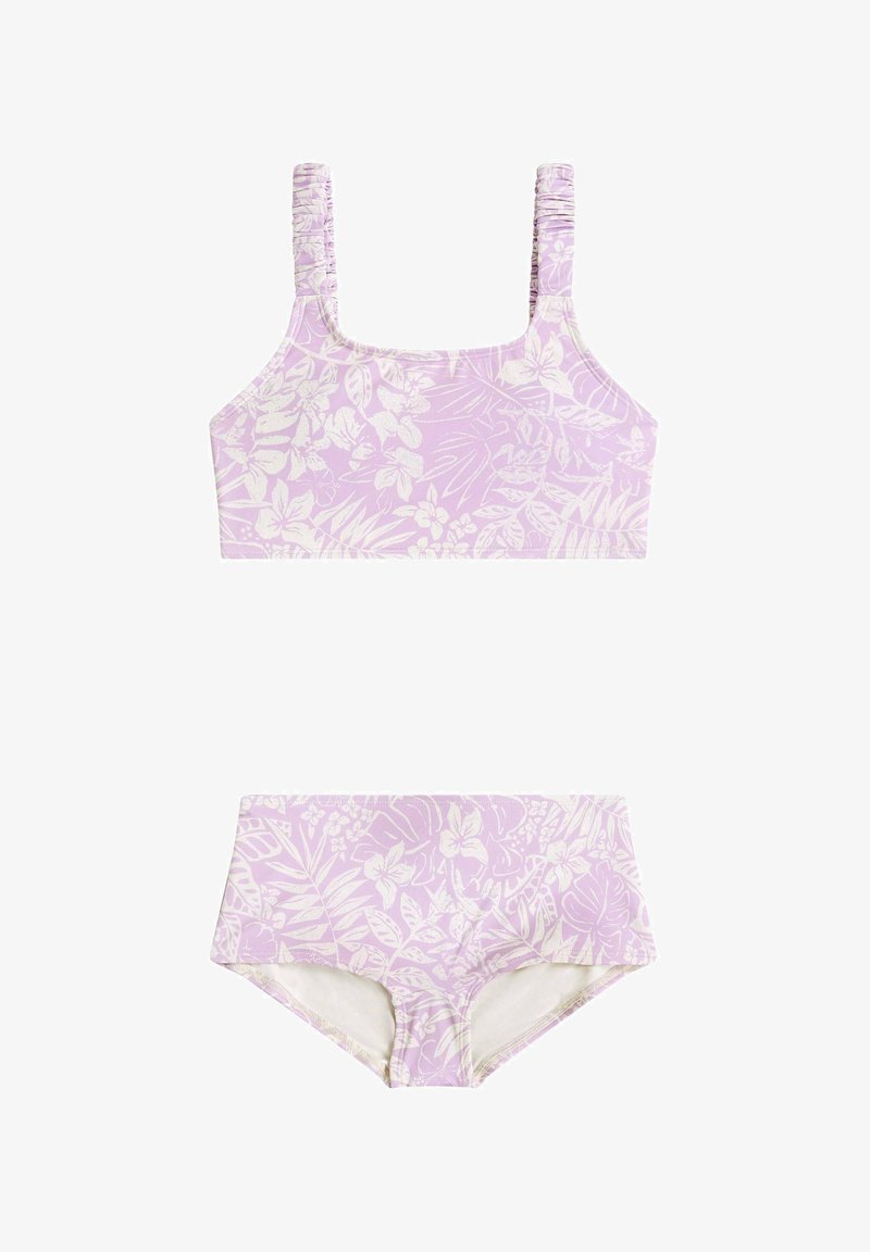 Lila Bikini-Set mit Blumenmuster, bestehend aus einem Oberteil mit quadratischem Ausschnitt und hoch geschnittenen Hosen. Weicher, dehnbarer Stoff mit gerafften Trägern.