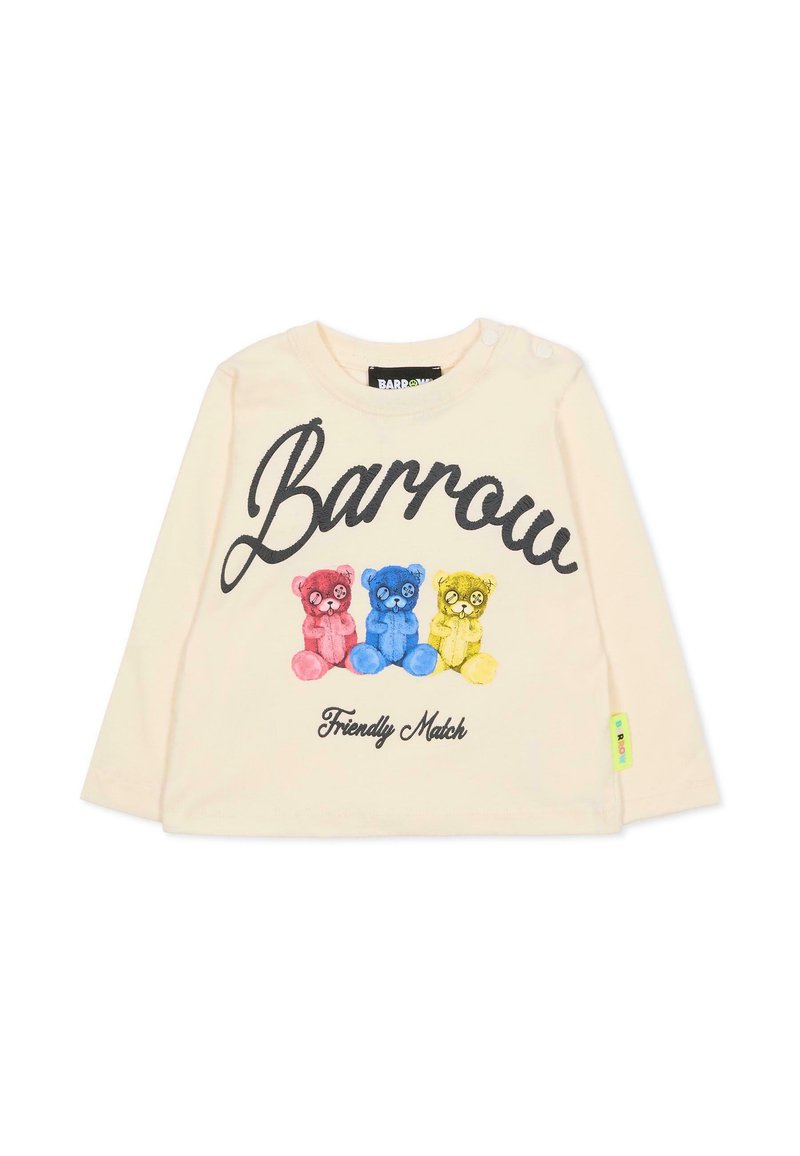 Maglietta a maniche lunghe color crema con tre grafiche di orsetti (rosa, blu, giallo) e testo nero che recita "Barrow Friendly Match." Presenta bottoni a pressione.
