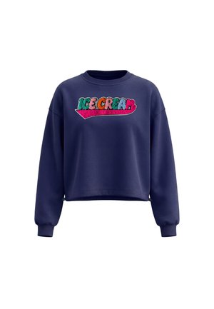 Navyblå cropped sweatshirt med lange ærmer, farverig tekstur "ICE CREAM" tekst og pink understregning på brystet.