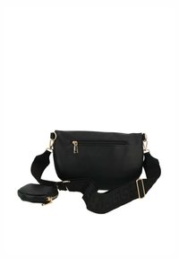 Borsa a tracolla in pelle nera con texture a ciottolo e hardware dorato, tasca frontale con zip e tracolla staccabile con motivo. Design compatto e strutturato.