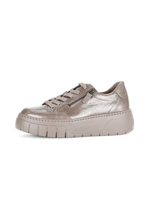 Taupe metallic low-top sneaker with chunky sole, side zipper, and lace-up closure on white background.