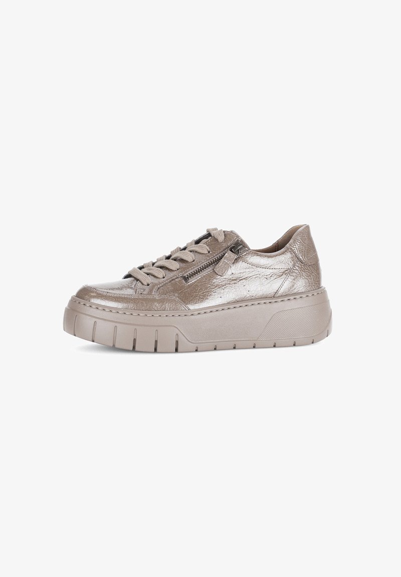 Taupe metallic low-top sneaker with chunky sole, side zipper, and lace-up closure on white background.