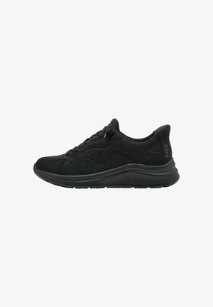 Black athletic shoe made of textured fabric, featuring a padded collar, lace-up design, and lightweight rubber outsole.