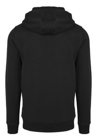 Black hoodie made from cotton blend fabric, featuring a kangaroo pocket, ribbed cuffs and hem, with a smooth texture and no visible graphics.