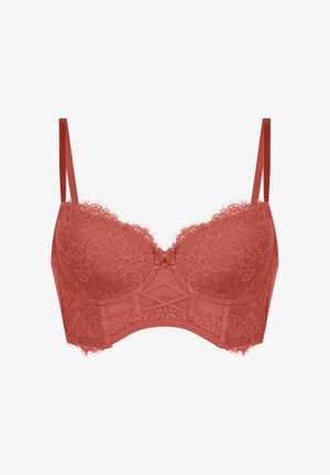 Lace bra in rusty rose color, featuring underwire, adjustable straps, floral pattern, and mesh detailing with a central bow accent.