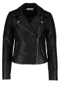 Giacca da biker in pelle nera con cerniera asimmetrica, colletto a bottoni e dettagli a coste sulle spalle. Dotata di due tasche con zip.