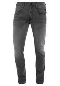 Šedé džíny z denimu s úzkým střihem, vybavené zapínáním na knoflík, pěti kapsami a jemným vyblednutím pro opotřebovaný vzhled.